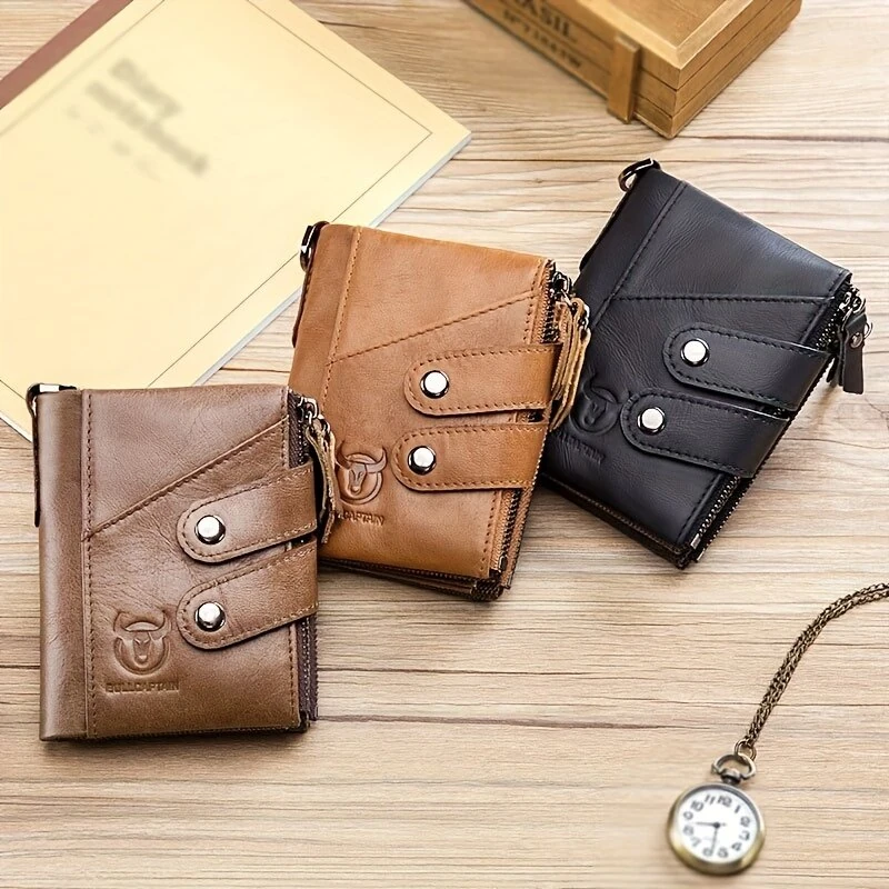 (image for) BULLCAPTAIN Genuine Leather Mens Wallet RFID Blocking Short Wallet with Chain Multifunction Card Holder Double Zipper Coin Purse Money Clip Compact Storage Bag Stylish